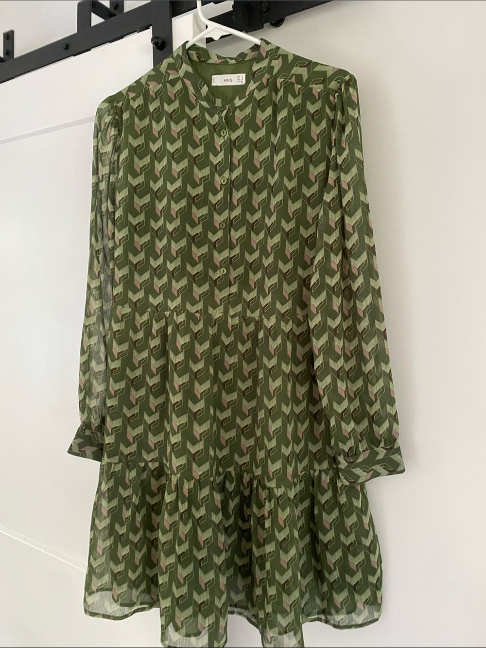 Mango Olive Green Geometric Button-Up babydoll dress sheer chiffon
